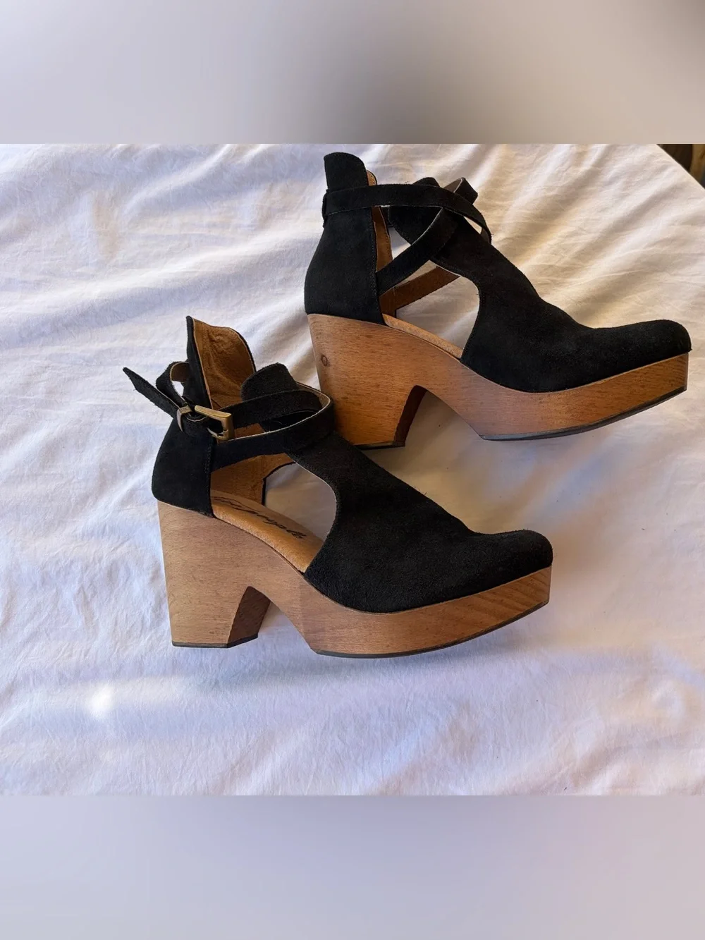 Free People NWOT Black Suede Platform Clog Heels Wooden Sole Sz 40